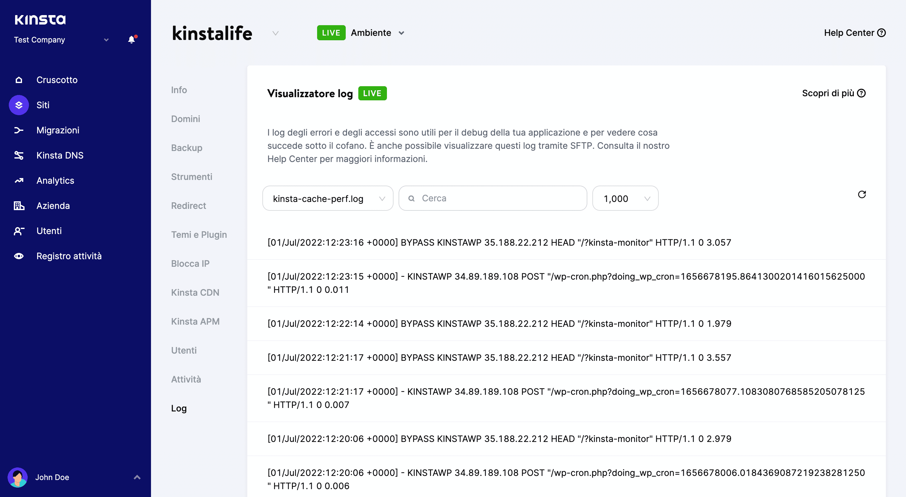 Log della cache di WordPress
