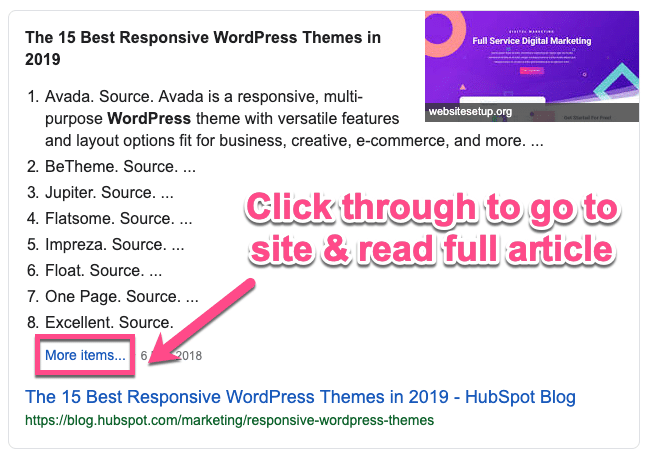 Il link Altri elementi in uno snippet