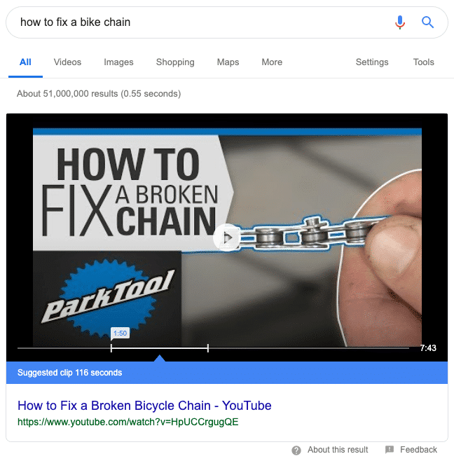 Lo snippet in evidenza di Youtube