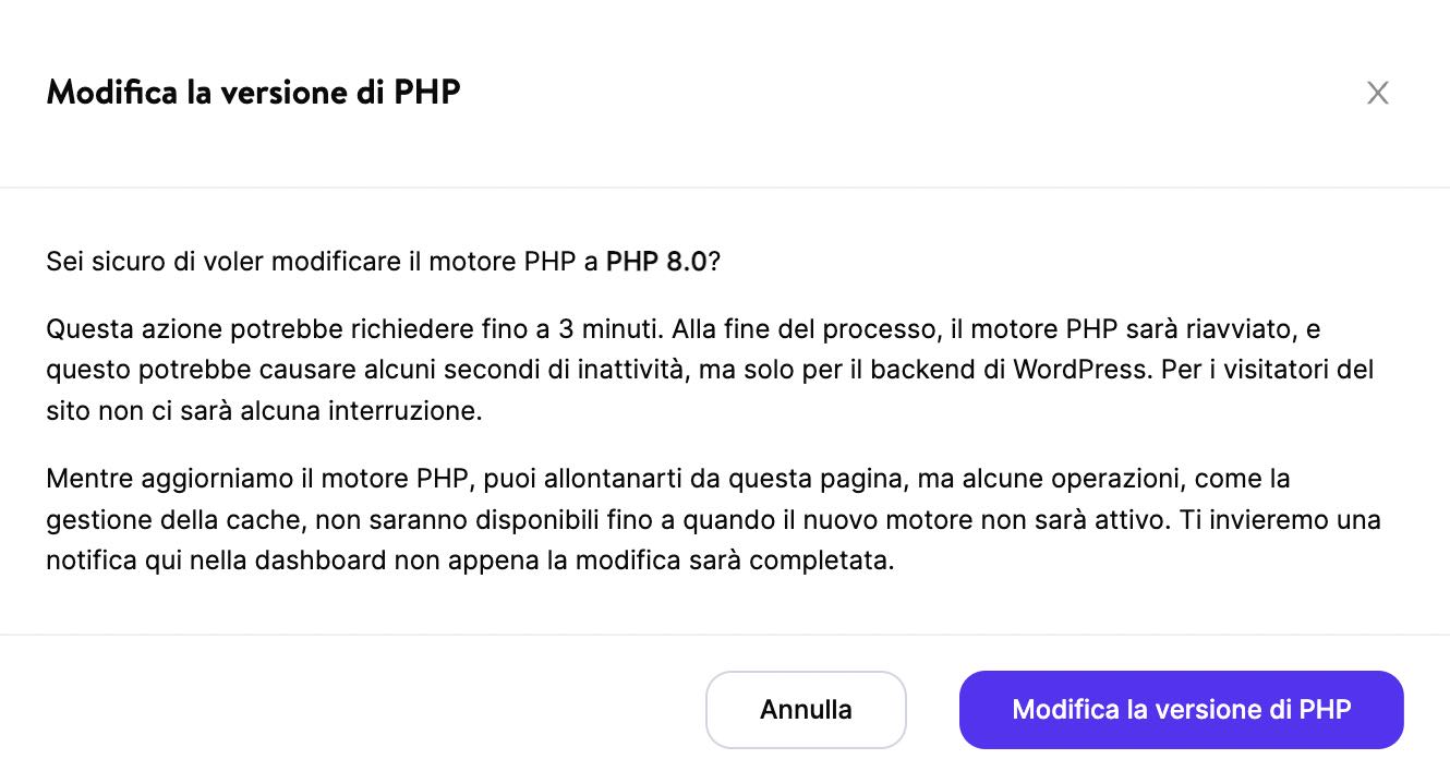 Conferma della modifica della versione PHP.
