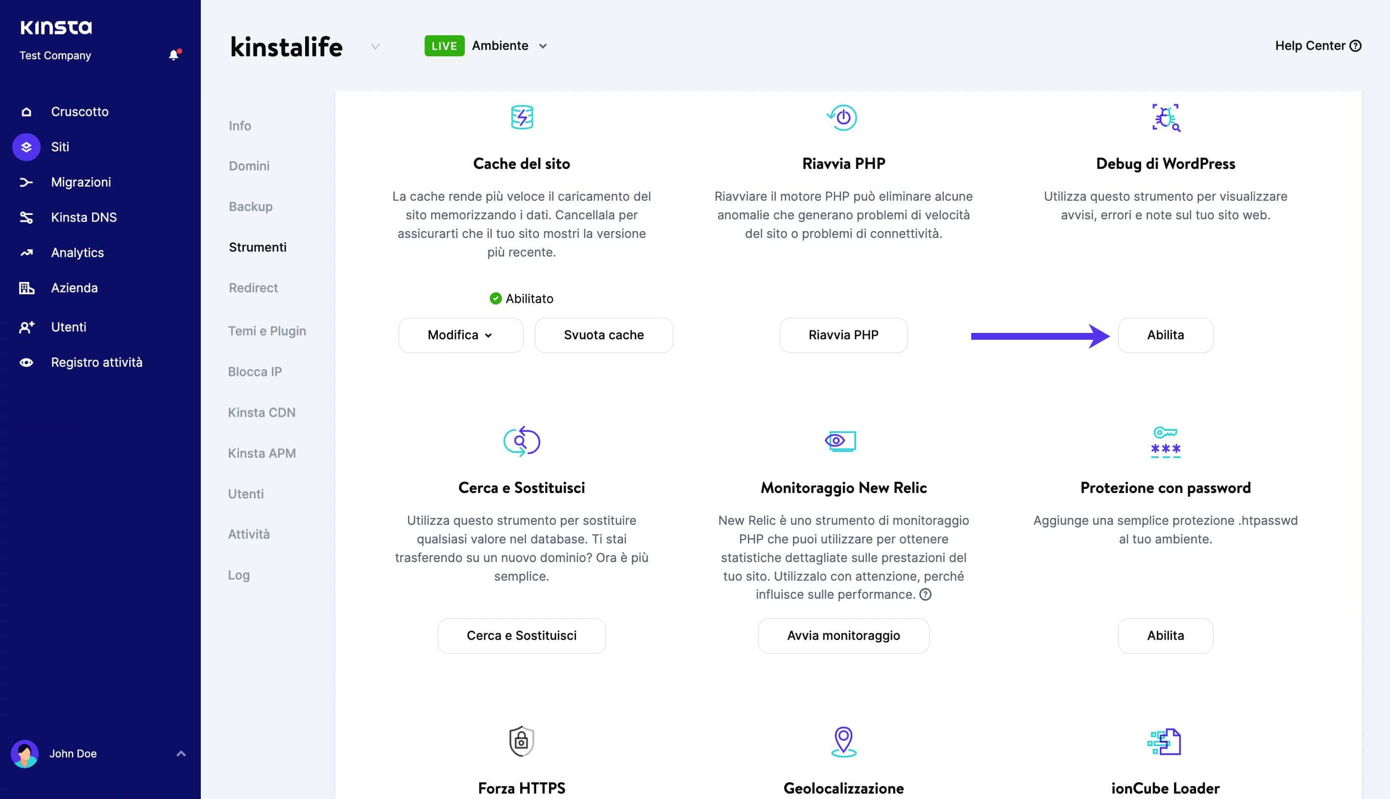 La modalità debug è attivata in MyKinsta