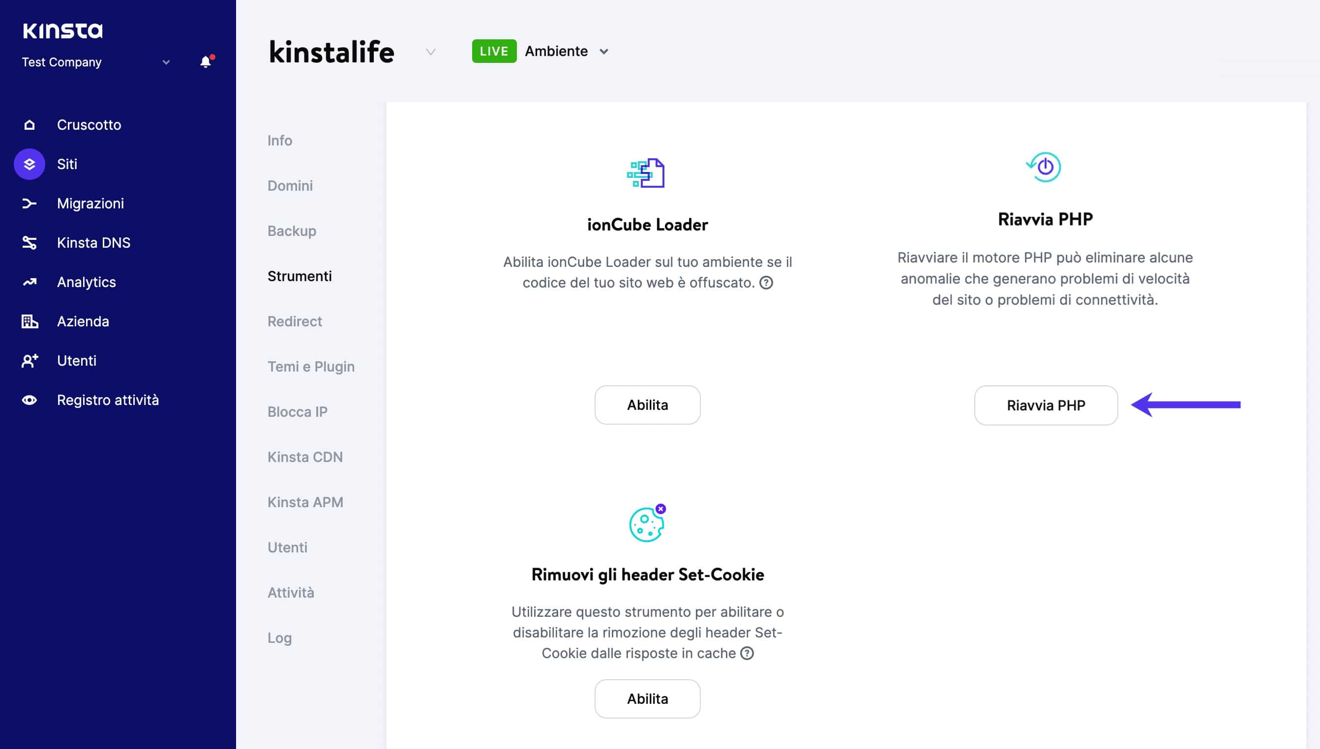 Riavviare PHP nel cruscotto di MyKinsta