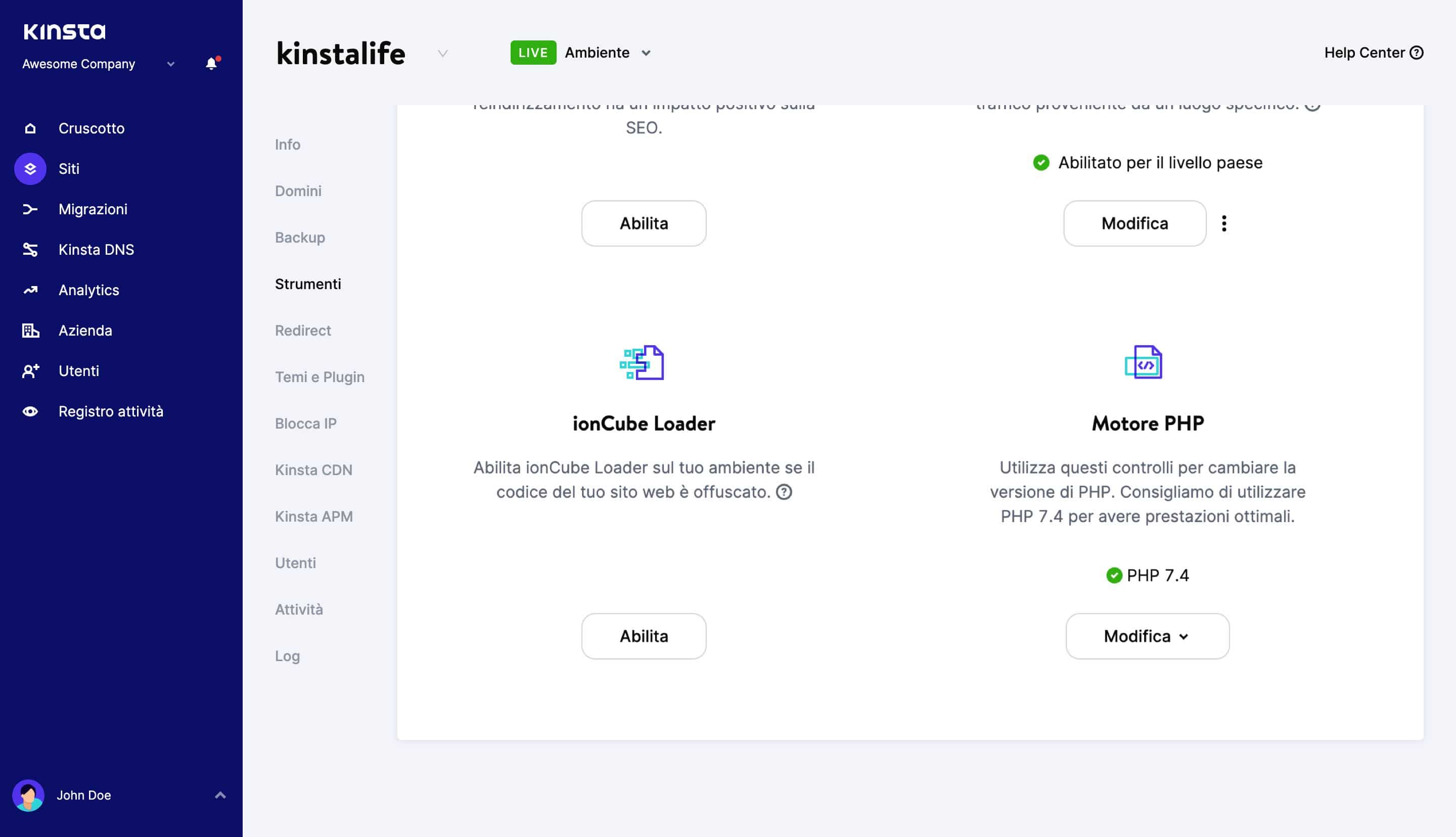 Cambiare la versione PHP su MyKinsta.