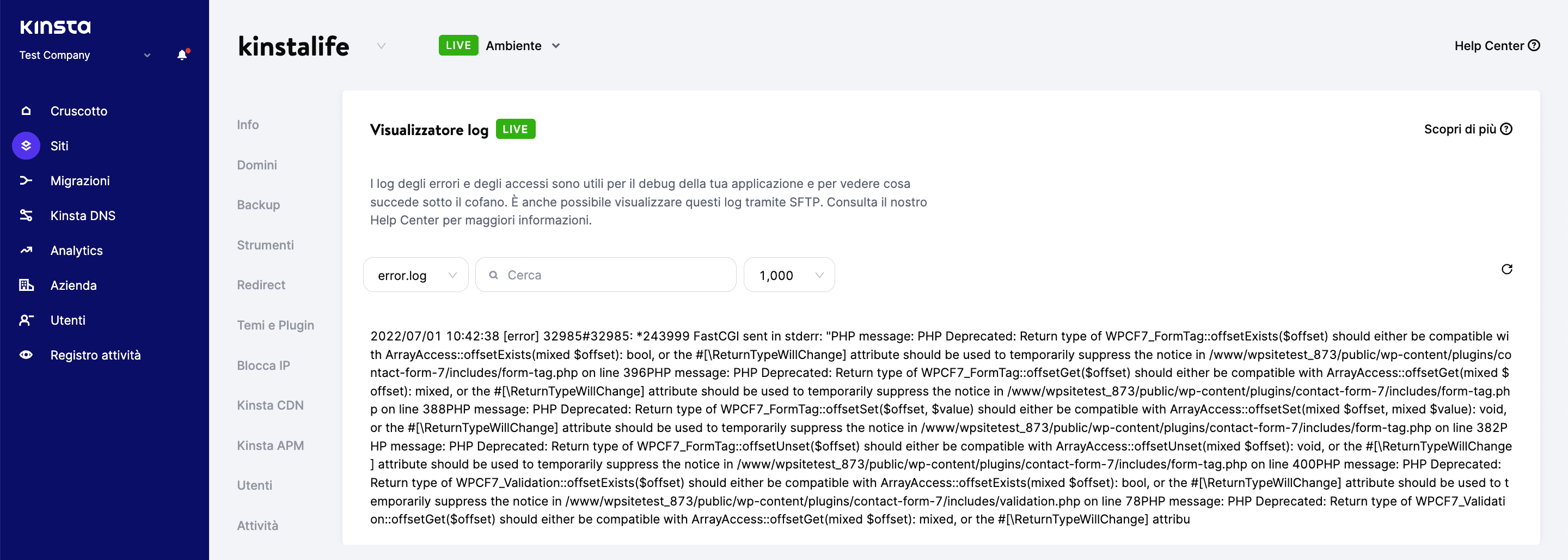 Visualizza gli errori PHP su MyKinsta.
