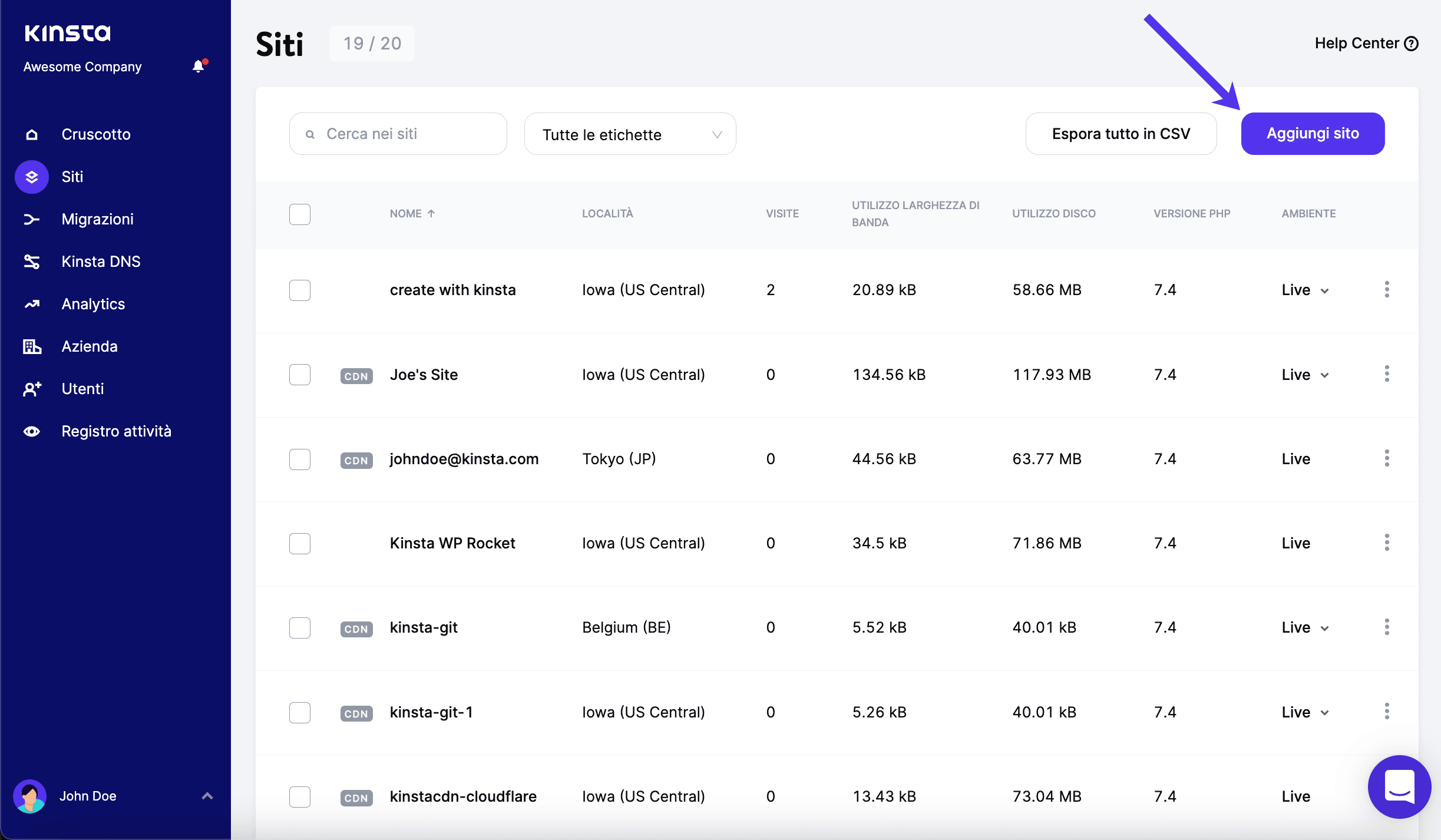 Aggiunta di un sito su MyKinsta.