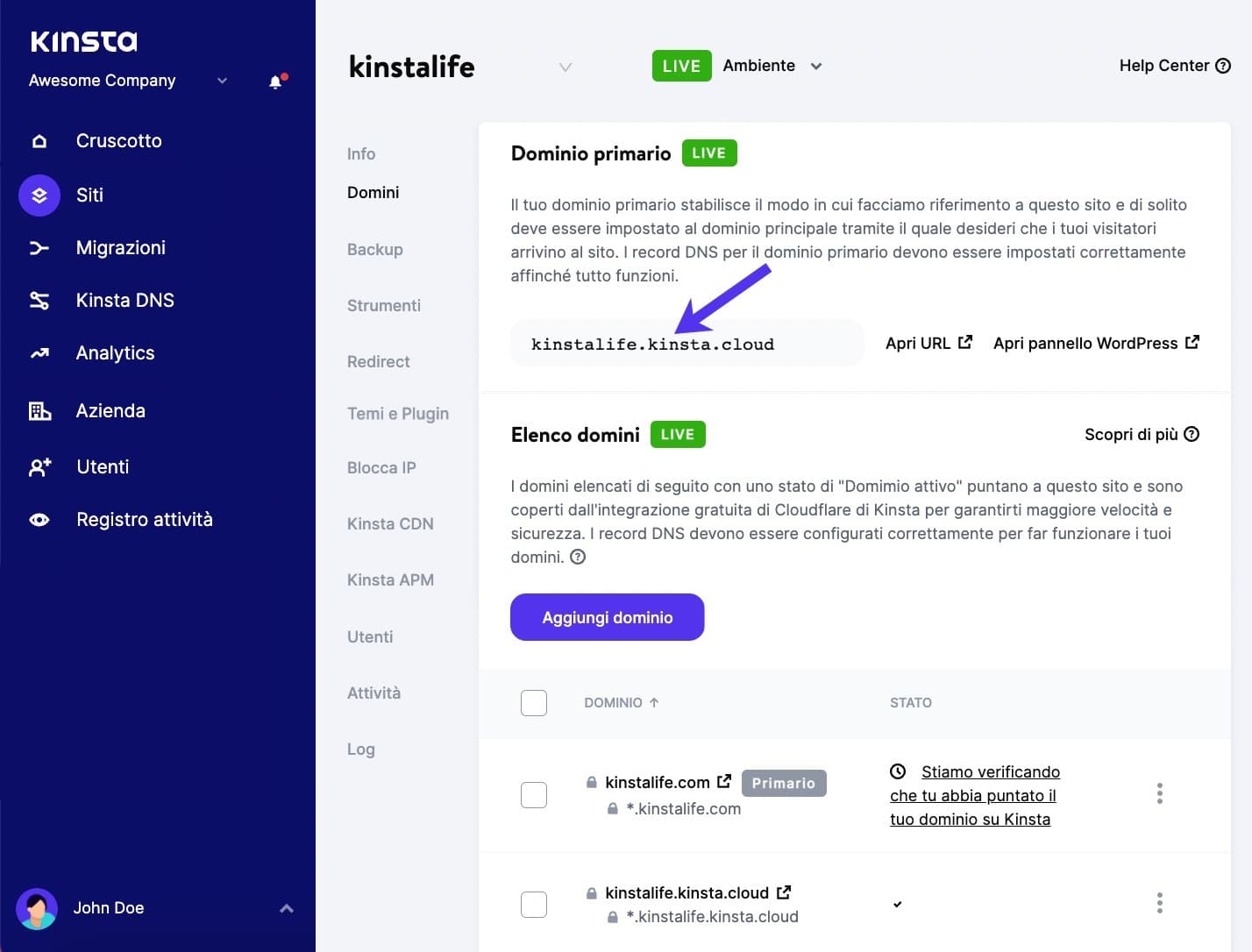 URL temporaneo Kinsta