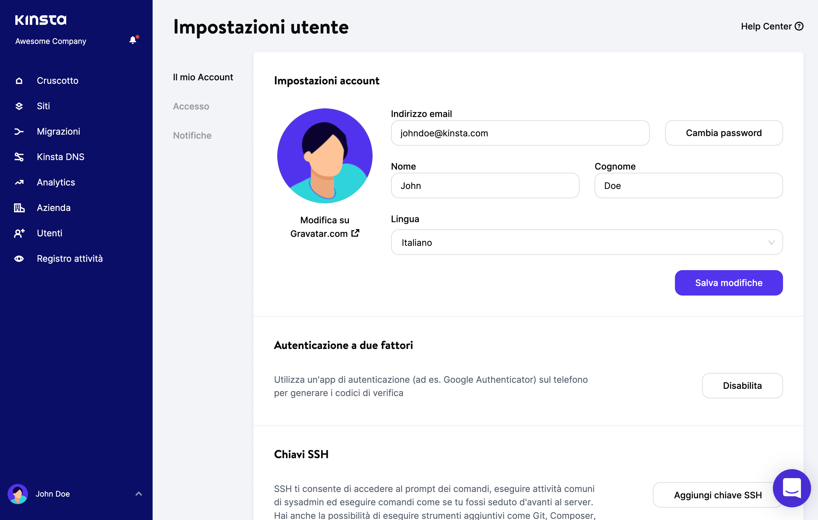 Attivare l'autenticazione a due fattori in MyKinsta.