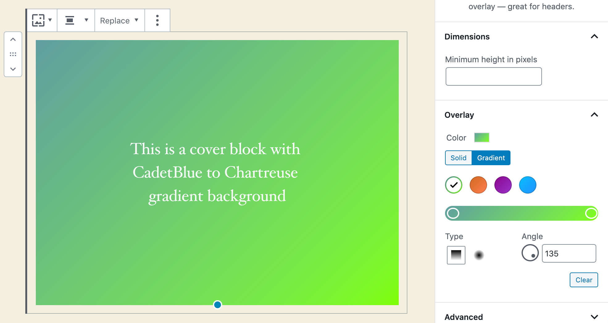 Preset personalizzati del gradiente in WordPress 5.4