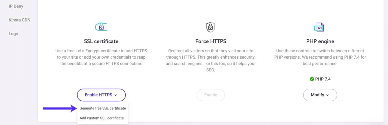 Aggiungere un certificato SSL gratuito tramite MyKinsta