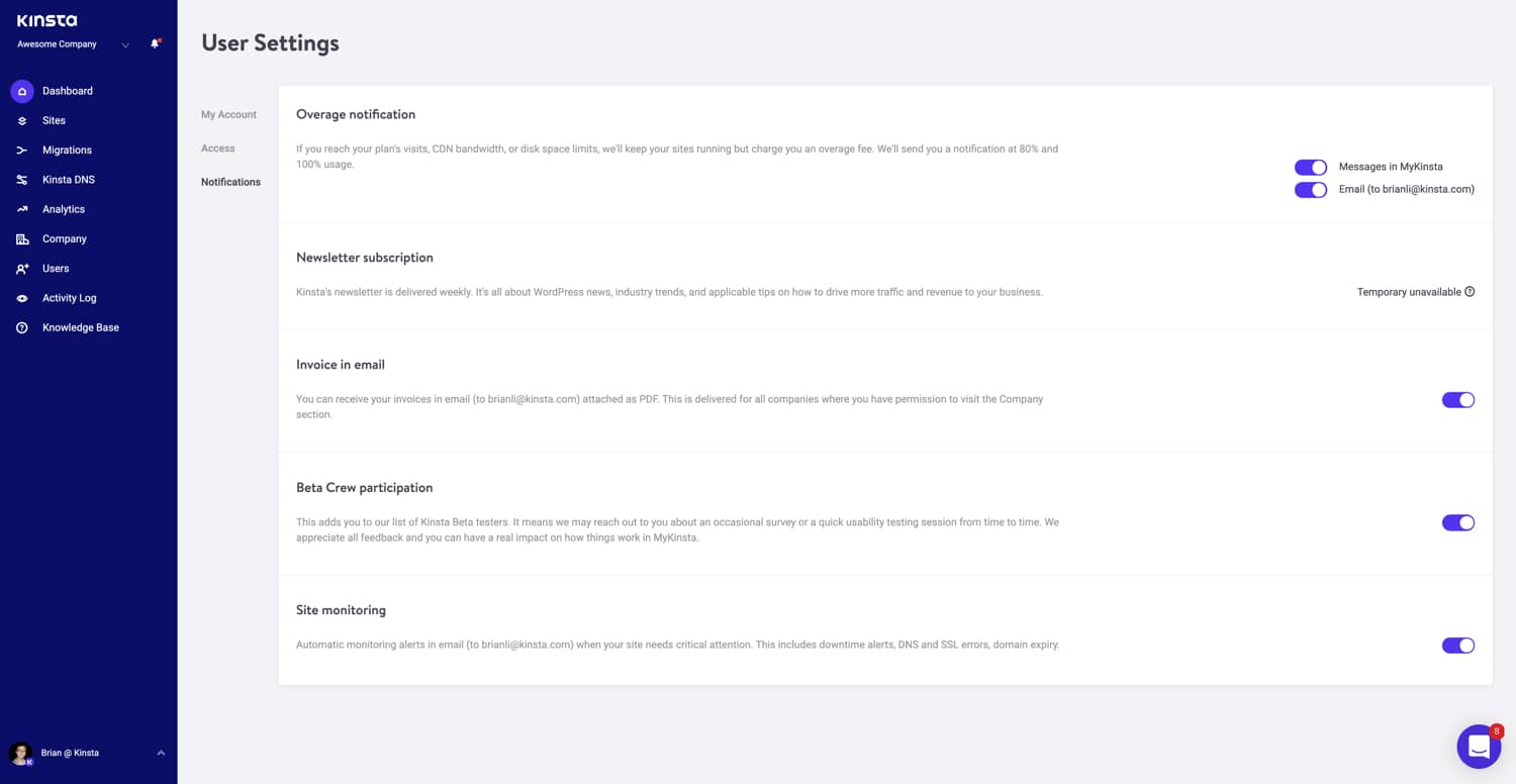 Notificazioni email in MyKinsta.