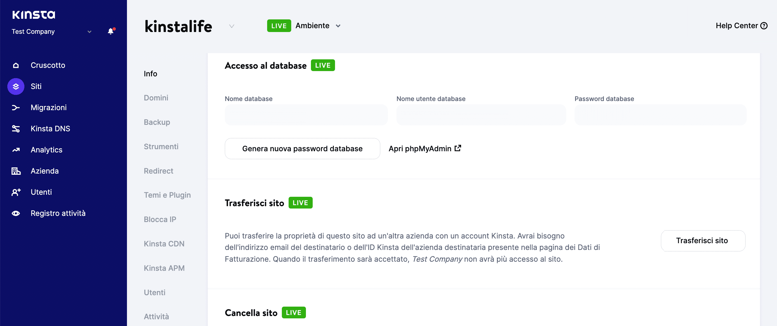 Trova la sezione Accesso al database