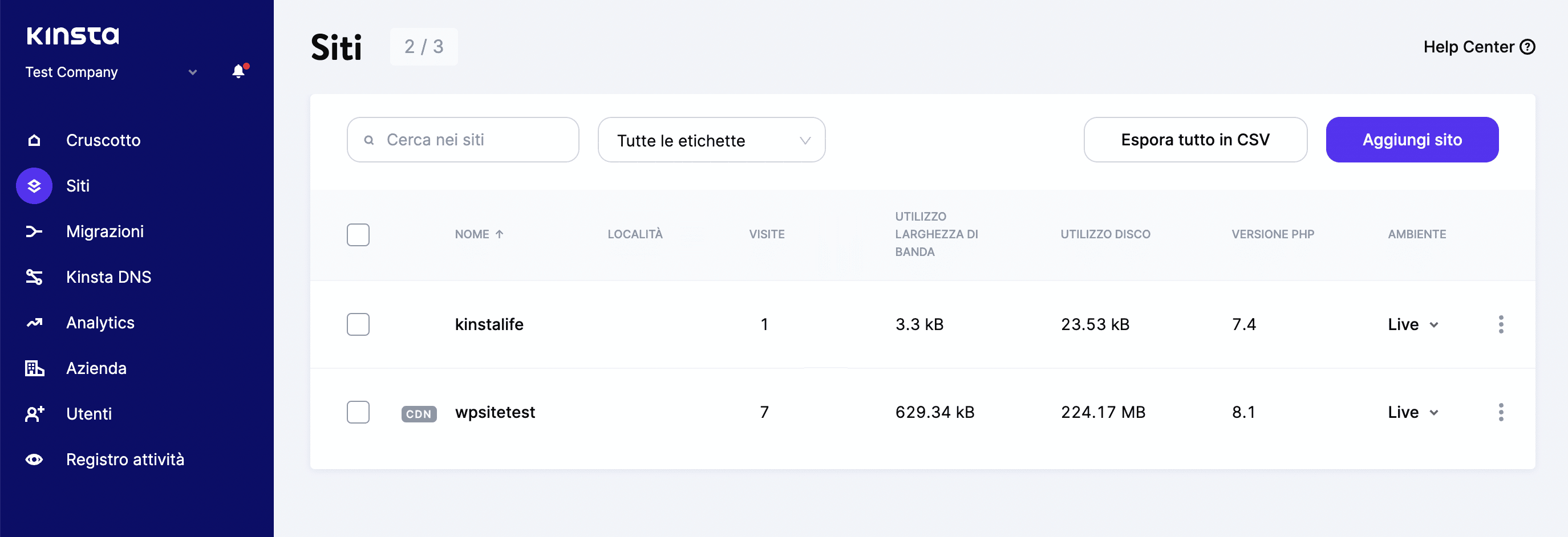 Seleziona “Siti” dalla dashboard di MyKinsta