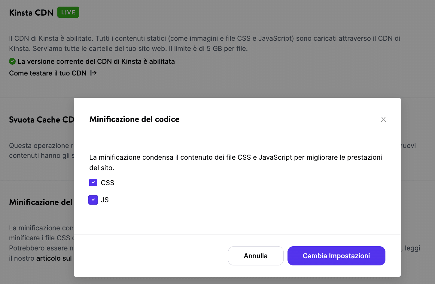 Minificazione del codice in MyKinsta.