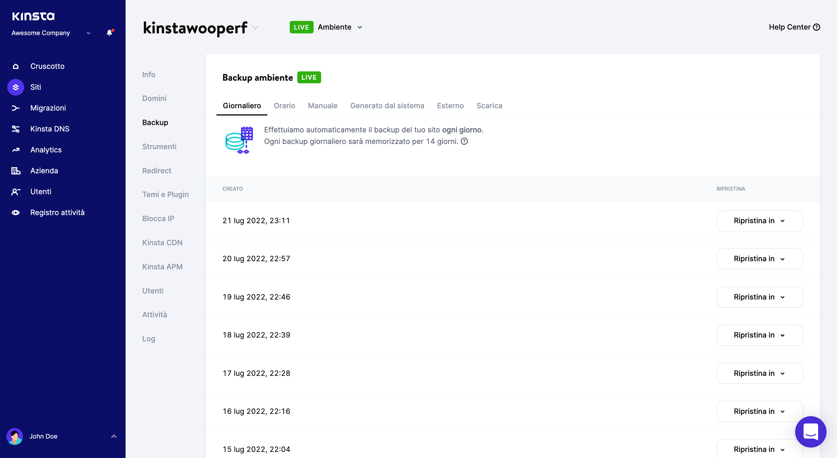 La funzione di backup automatico di MyKinsta.