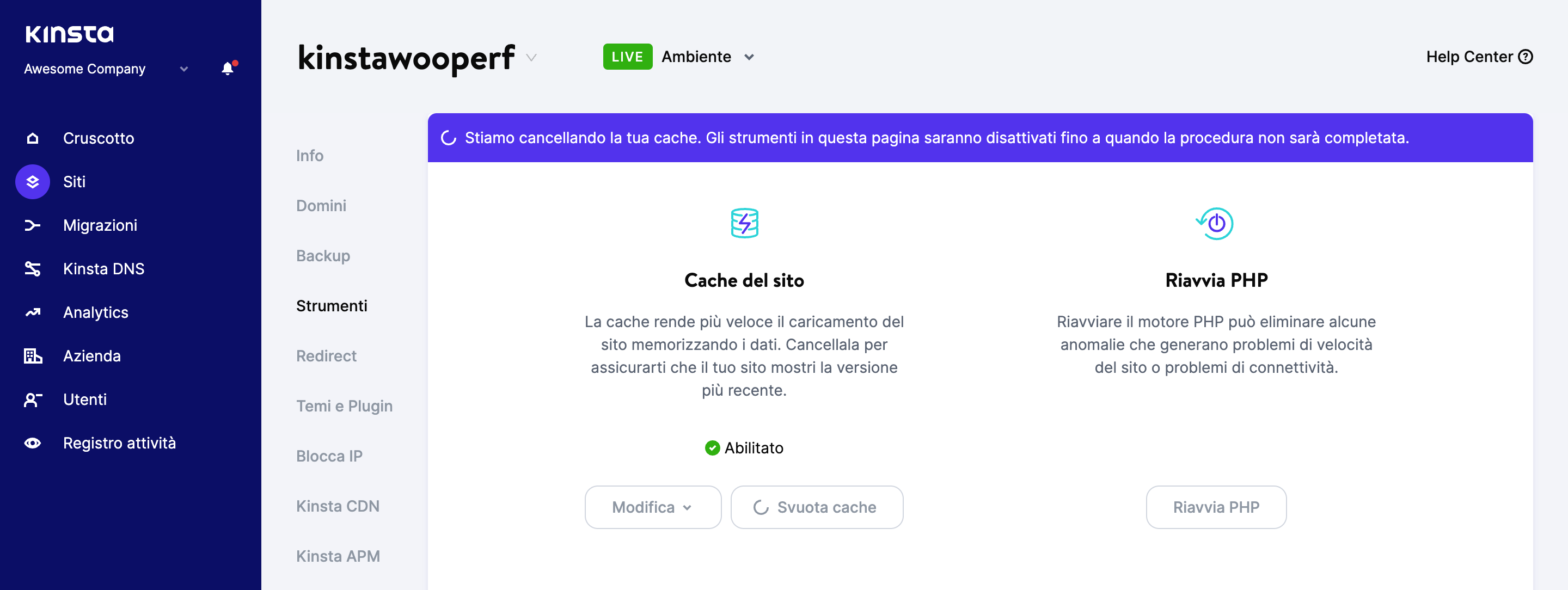 Cancellazione della cache nella dashboard di MyKinsta.