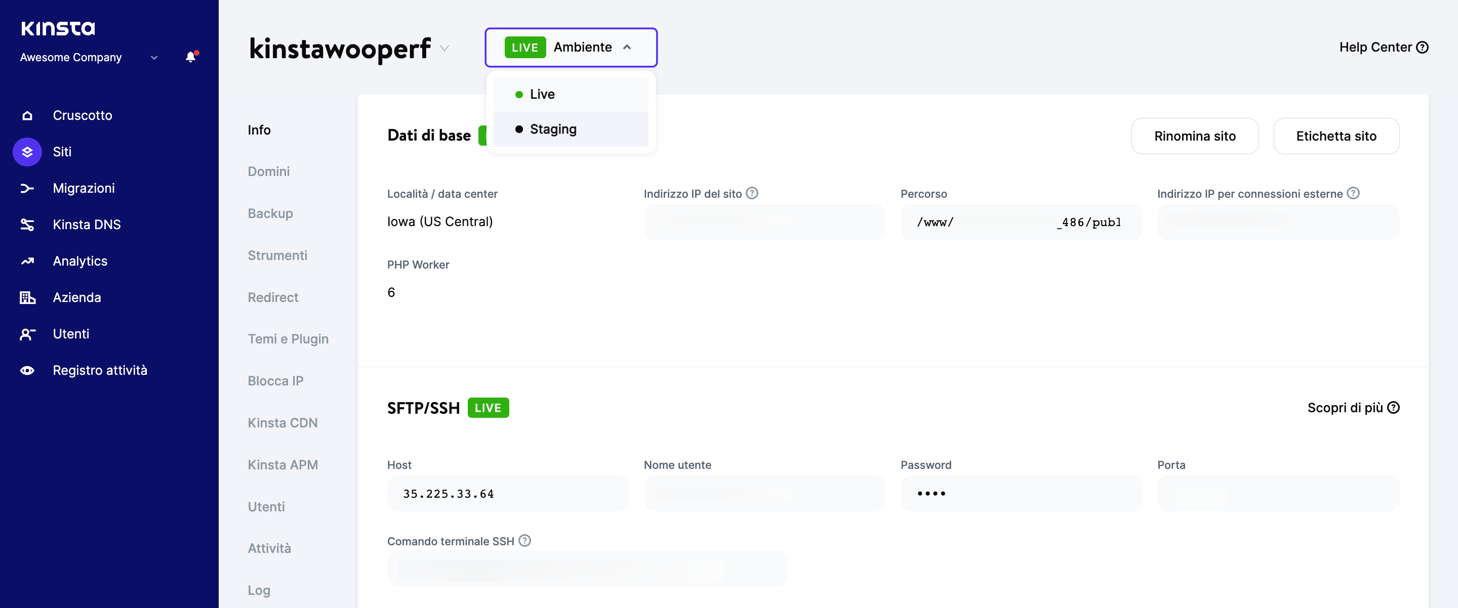 Passaggio tra gli ambienti Live e Staging in MyKinsta.