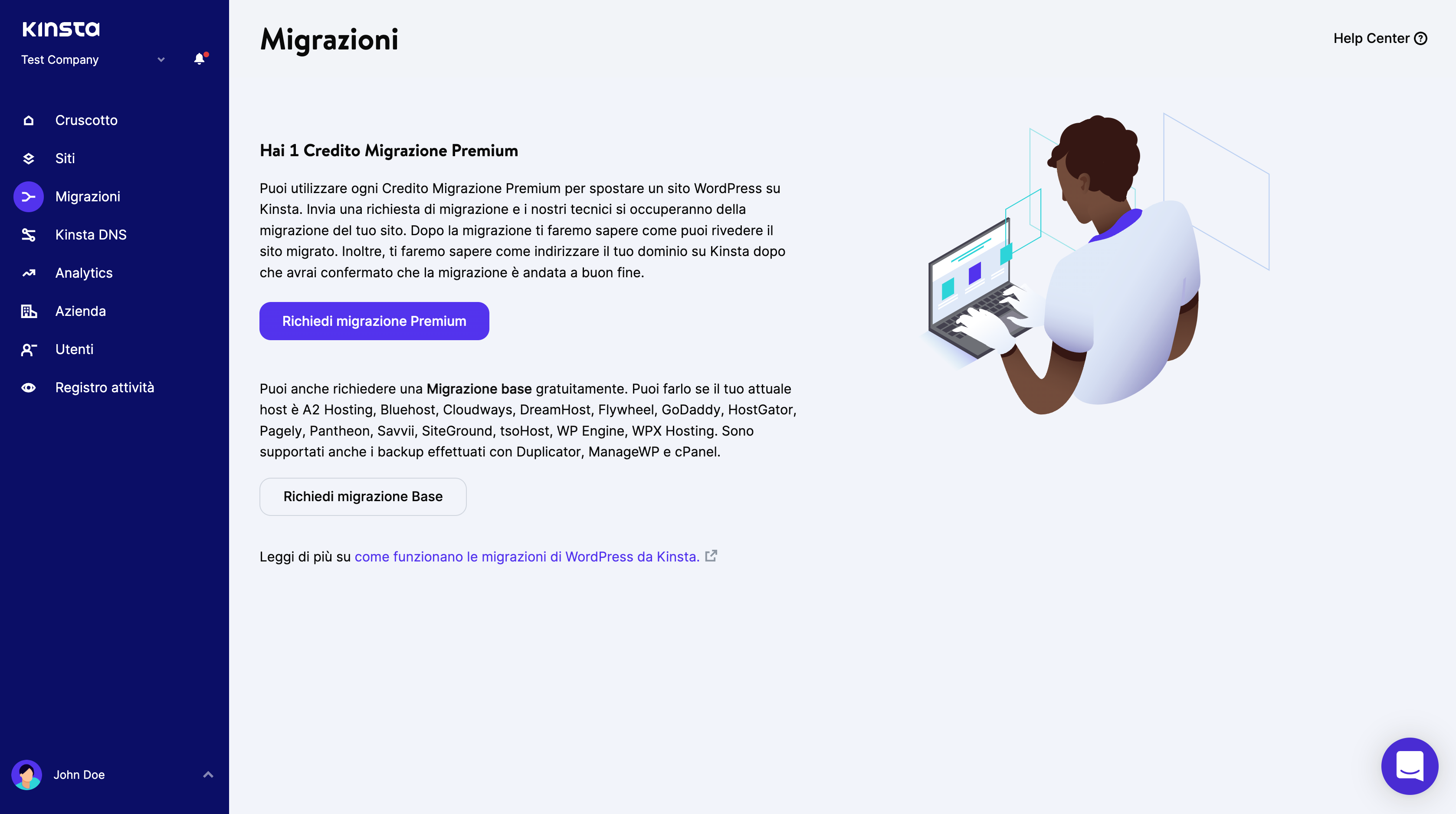 Richiesta di migrazione del sito tramite MyKinsta.