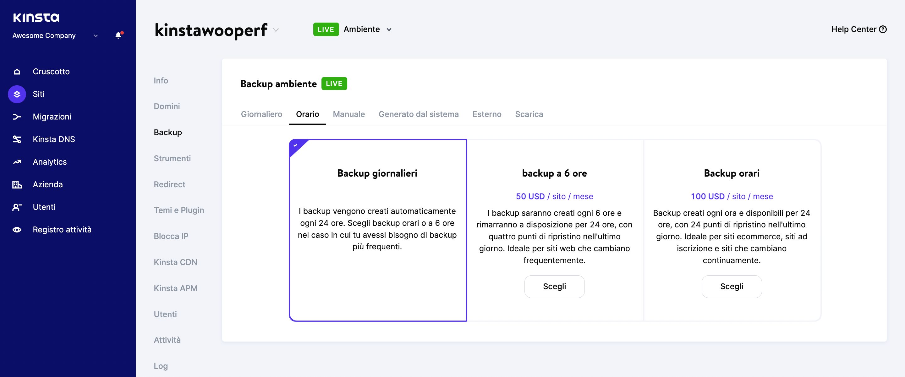 Impostazione dei backup orari tramite MyKinsta.