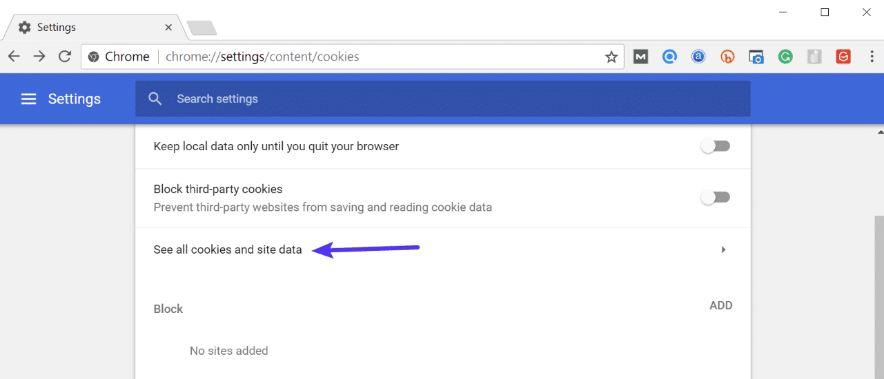 ChromeのすべてのCookieとサイトデータ