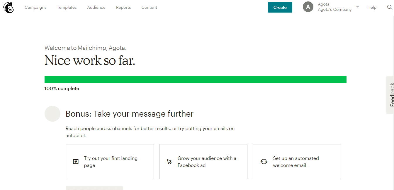 Mailchimp初期導入完了画面