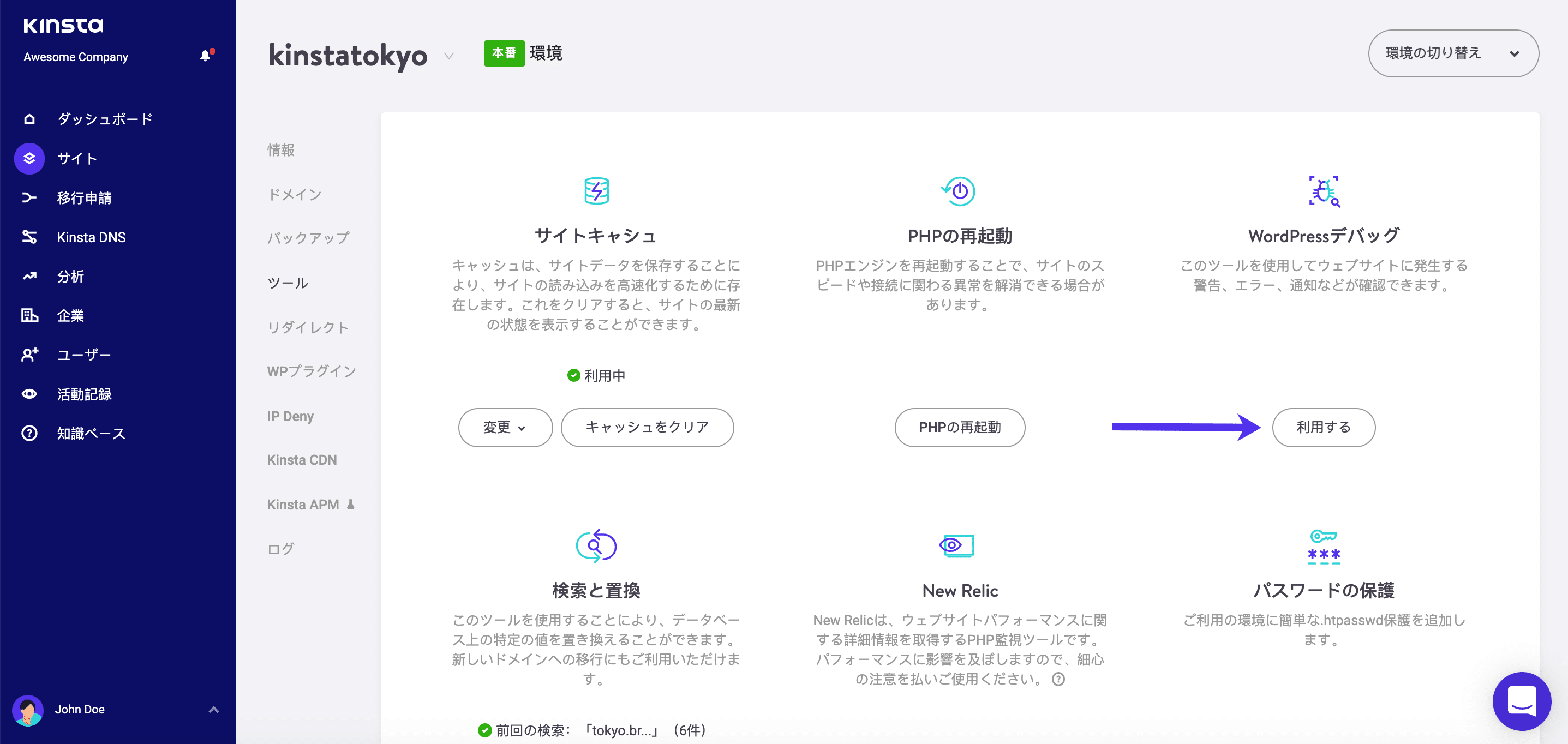 デバッグモードはMyKinstaで有効になっている