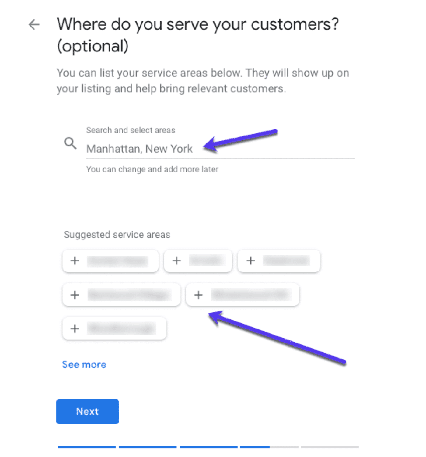 実店舗はないけれど、特定の地域の顧客に訪問サービスを提供している場合、それを入力しましょう。