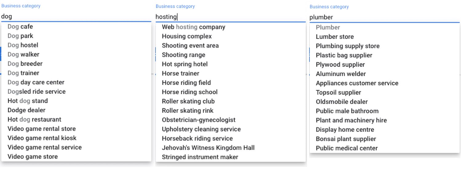 Googleマイビジネスのビジネスカテゴリの例（中には非常に曖昧なものもあります！）