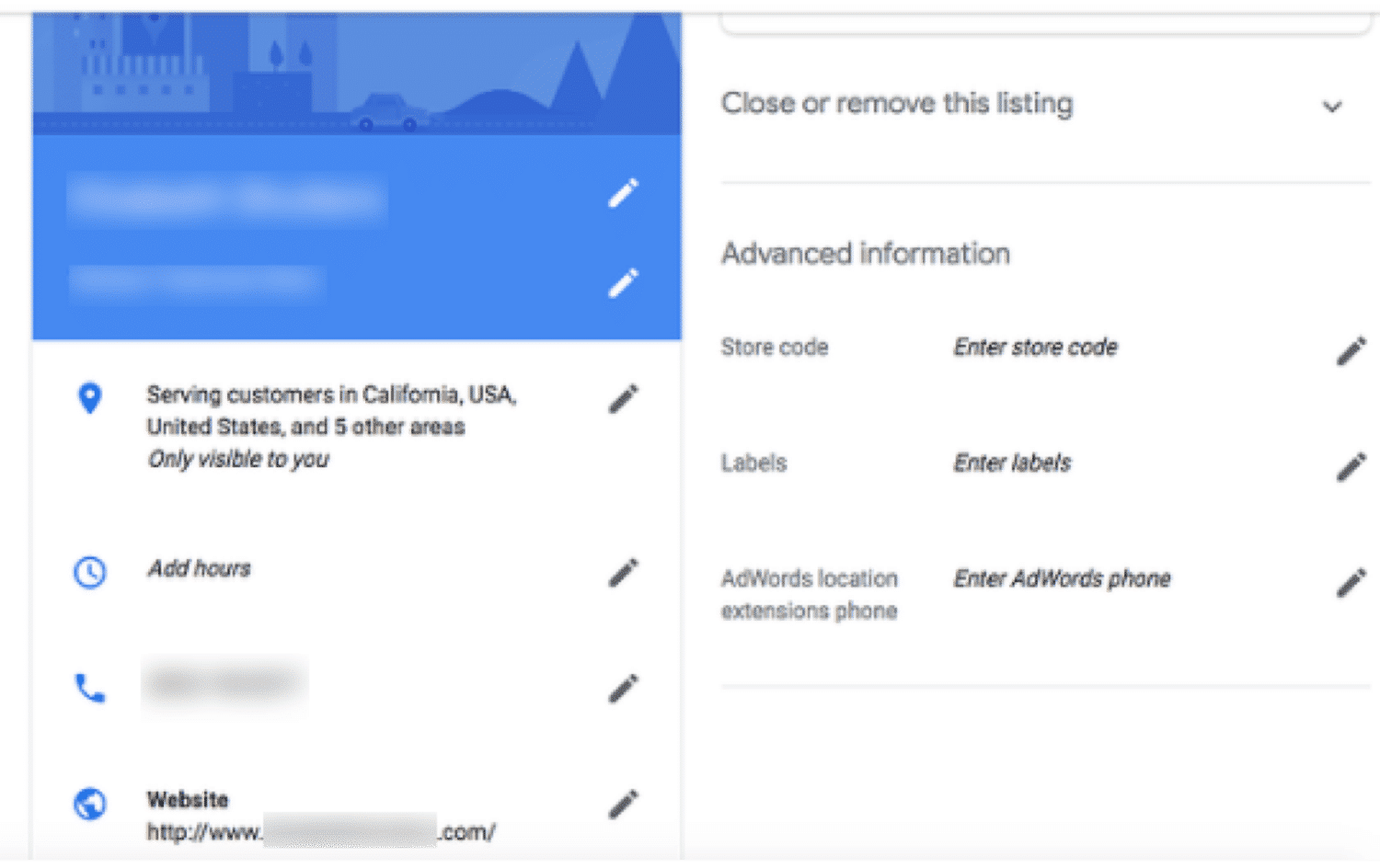リスティングの情報を編集するためのGoogleマイビジネスダッシュボード