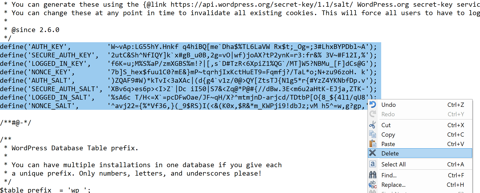  SALT-codes veranderen in wp-config.php