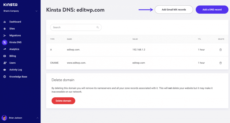 Kinsta DNS Gmail MX-records toevoegen