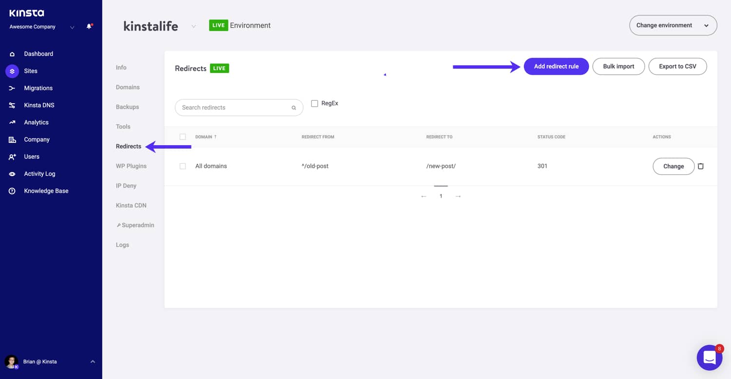 Hoe je redirects instelt vanuit het Kinsta-dashboard.