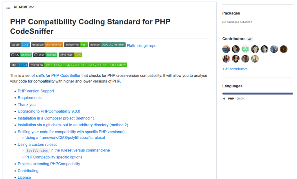 Screenshot of PHPCompatibility GitHub page