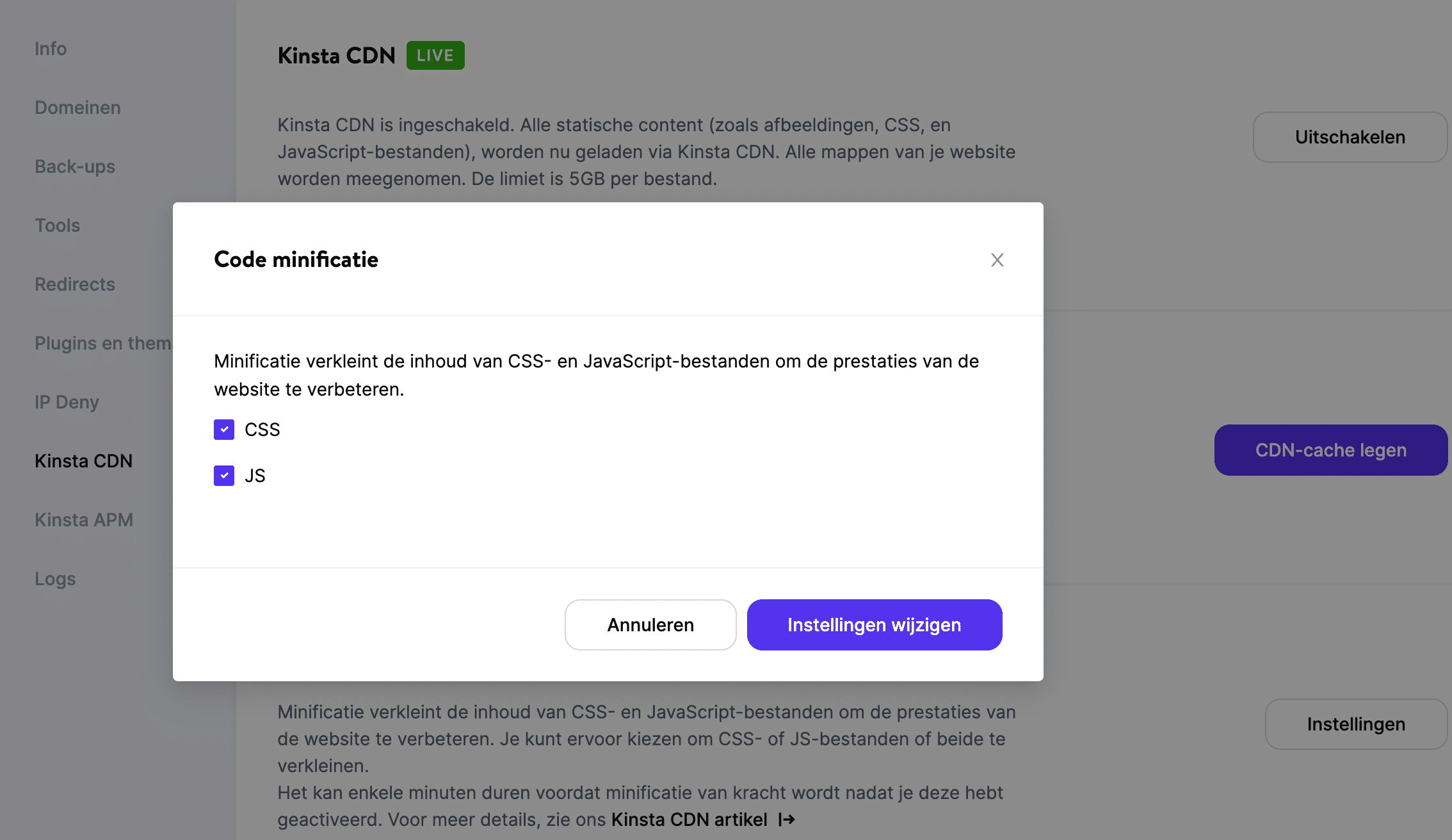 De 'Codeminificatie' tool gebruiken in MyKinsta.