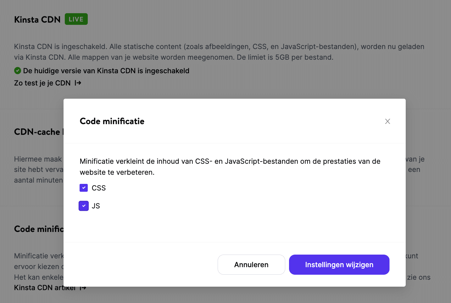 Codeminificatie in MyKinsta.
