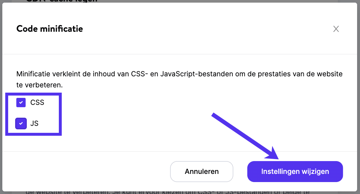 Aanpassen van codeminificatie-instellingen in Kinsta CDN.