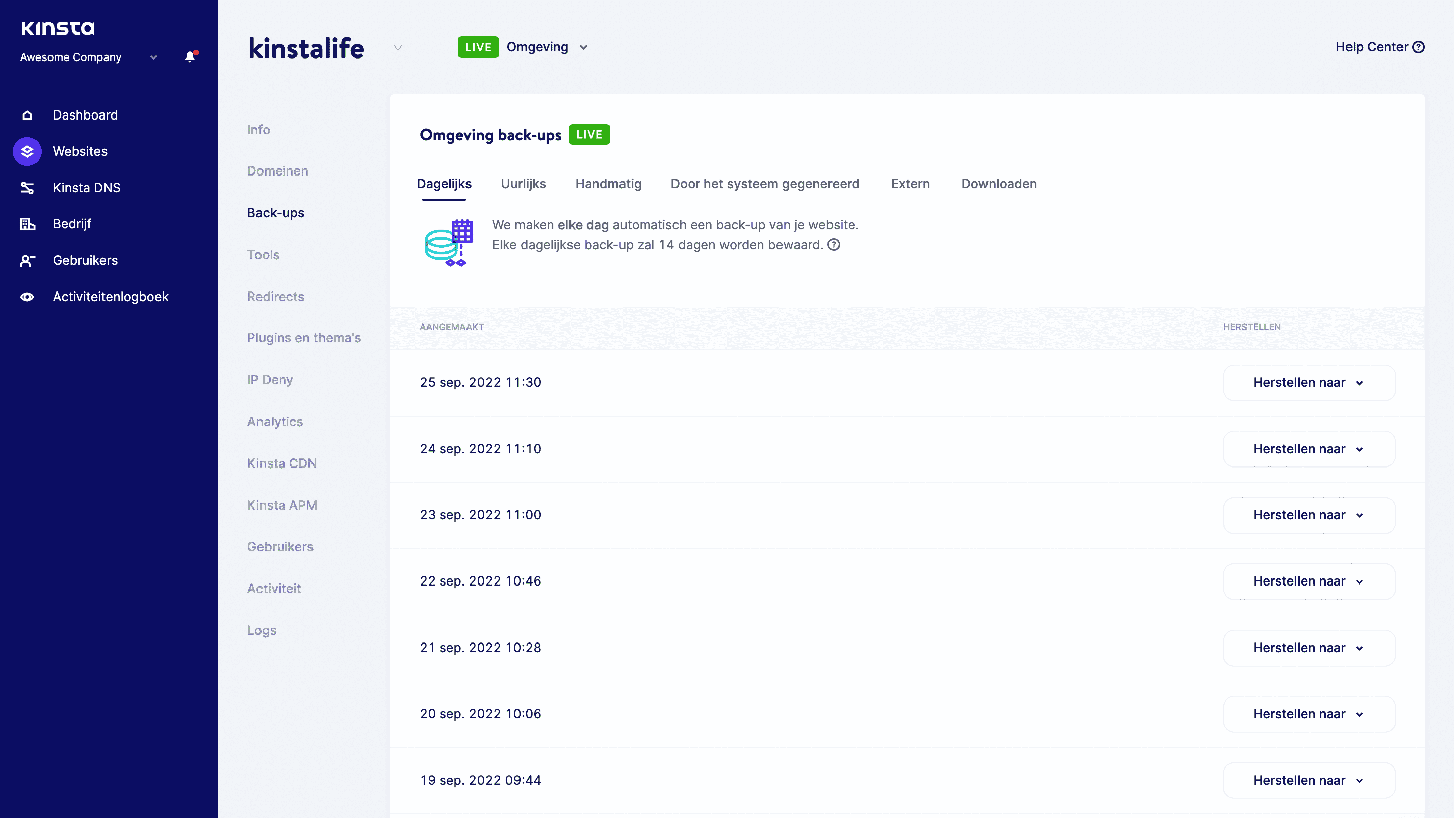 MyKinsta's feature voor automatische backups.