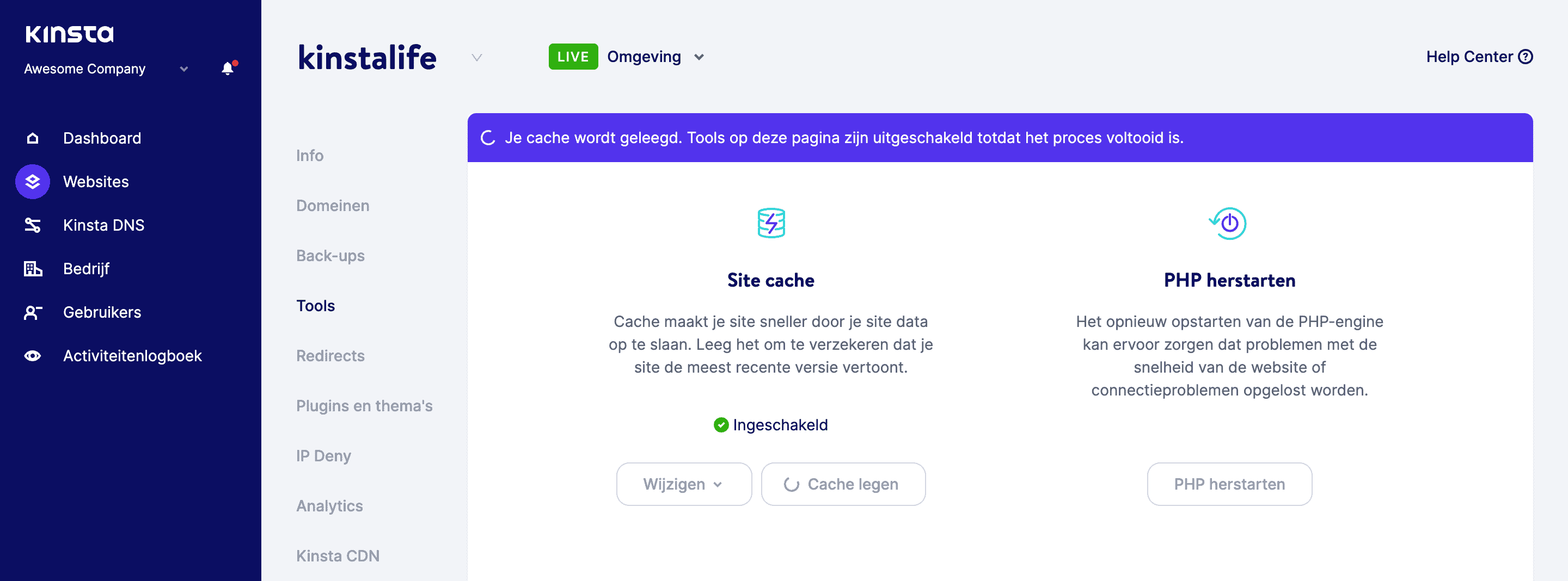 Cache wissen in MyKinsta dashboard.