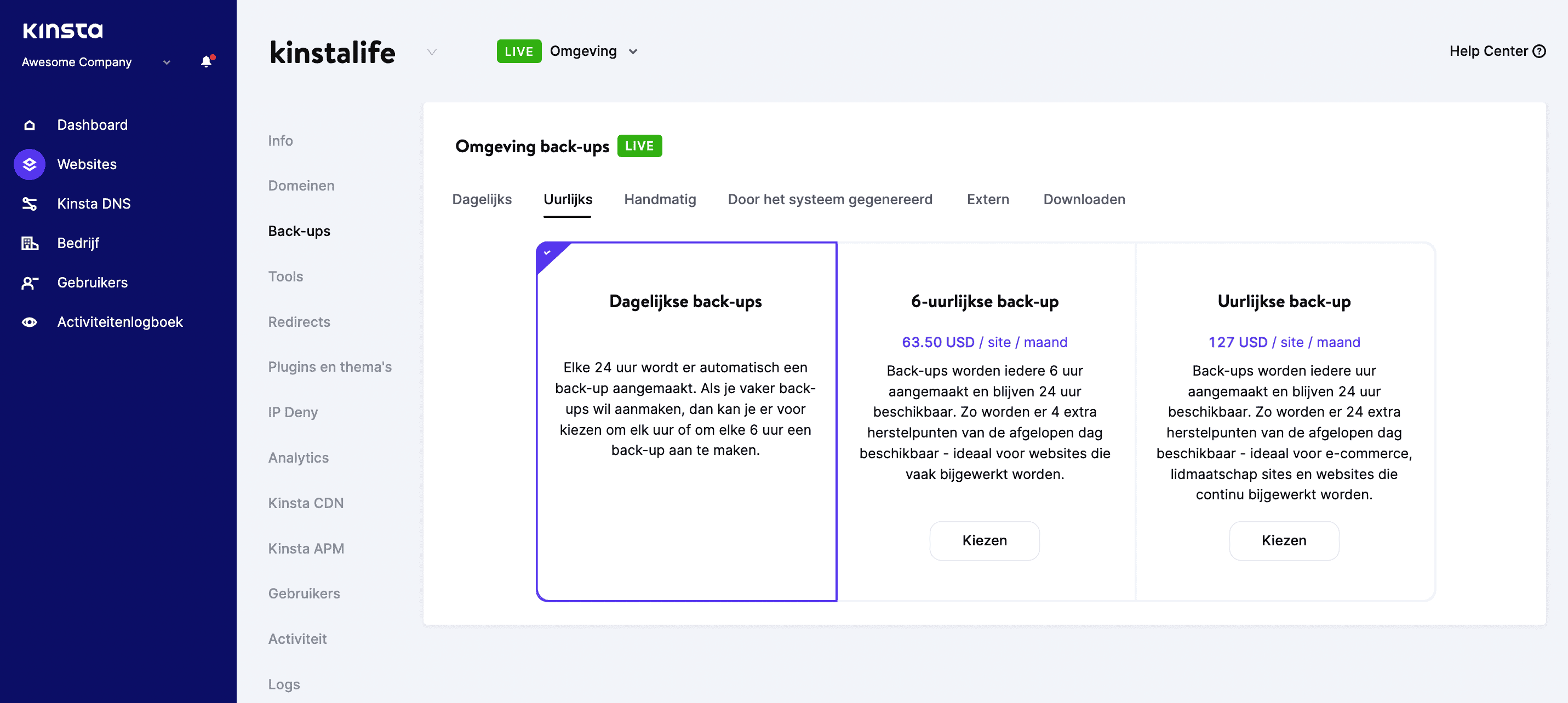 Het instellen van uurlijkse backups via MyKinsta.