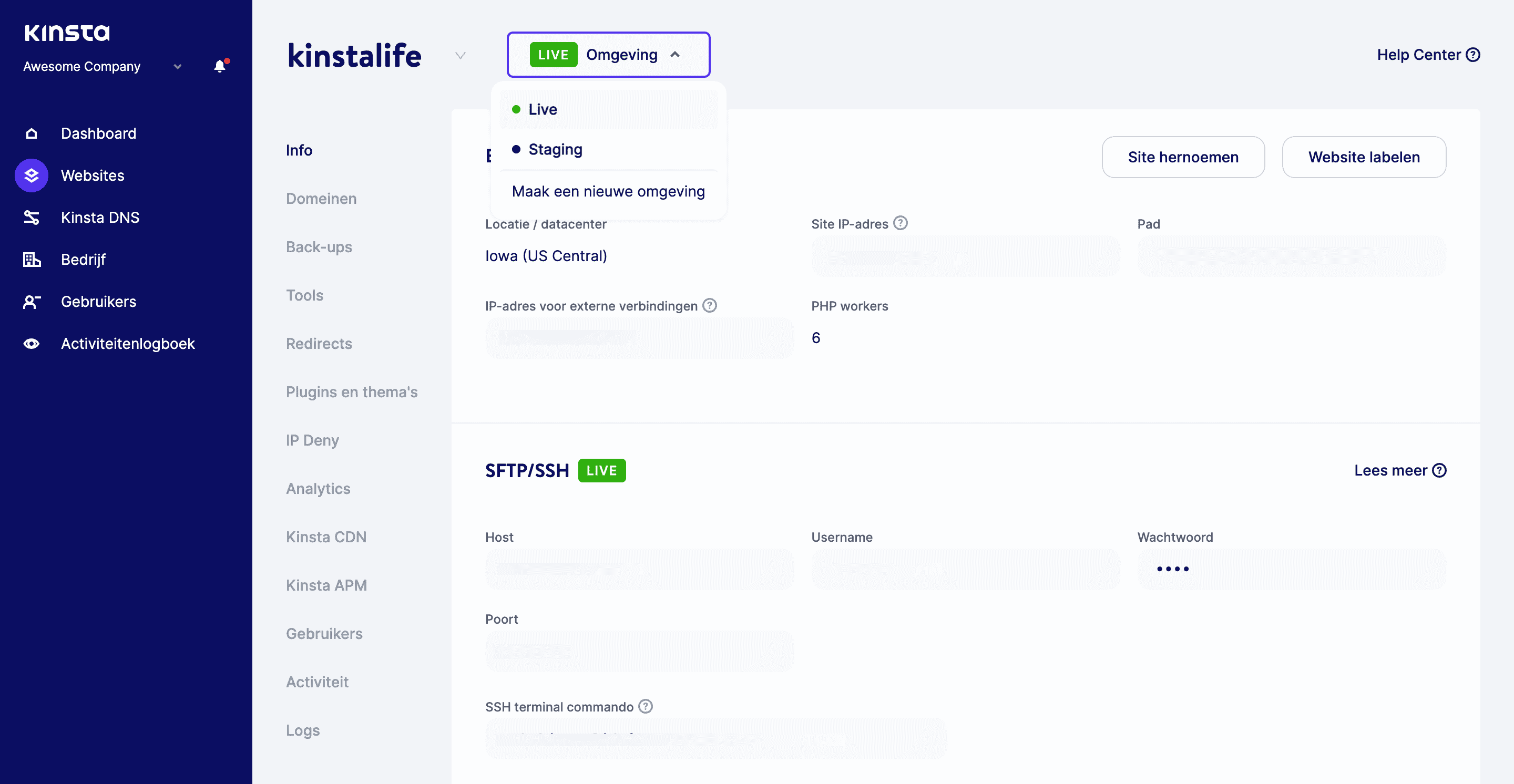 Schakelen tussen ;ive en testomgevingen in MyKinsta.