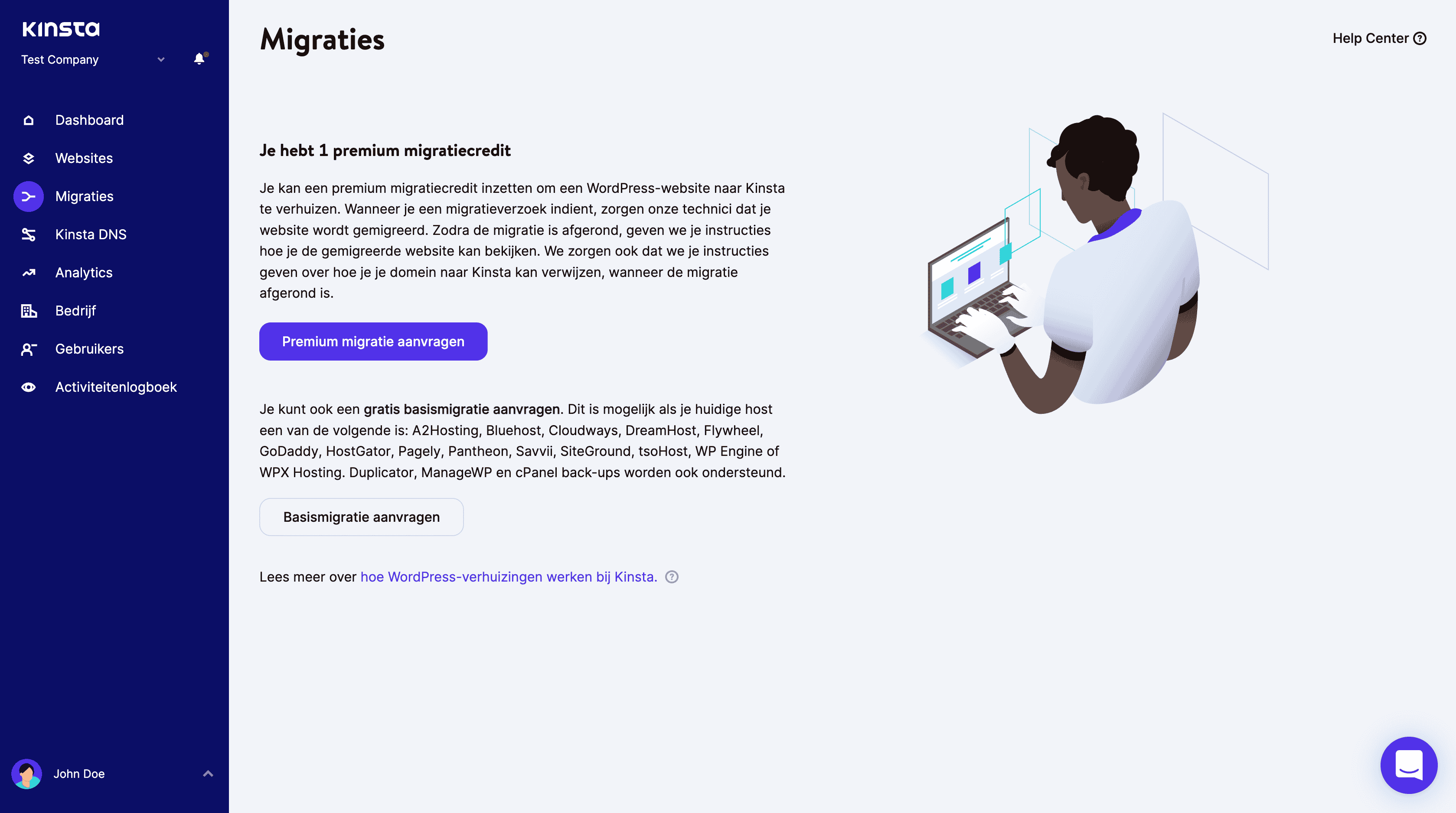 Een sitemigratie aanvragen via MyKinsta.