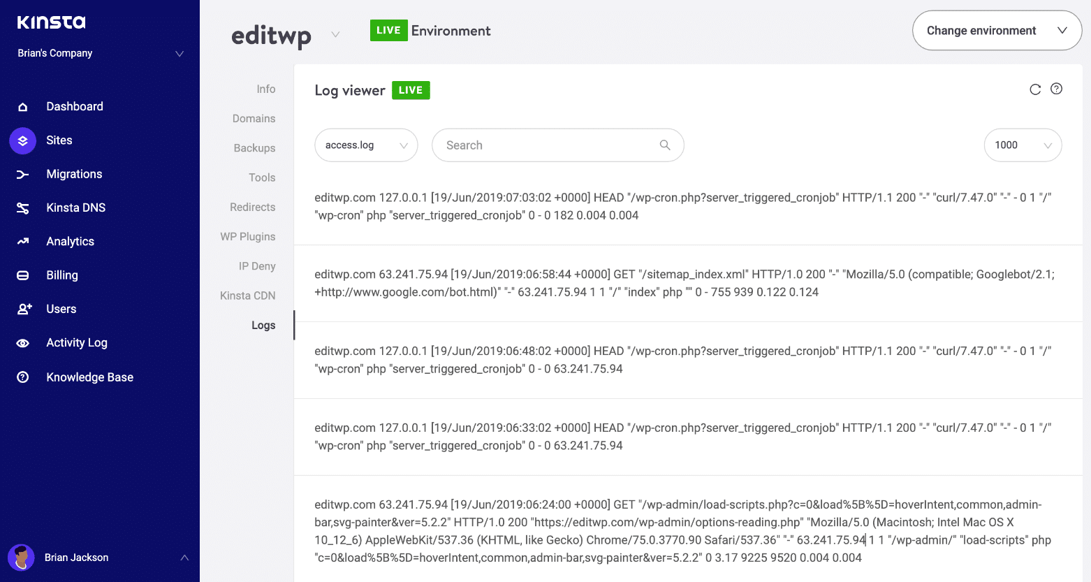Log de acesso ao WordPress