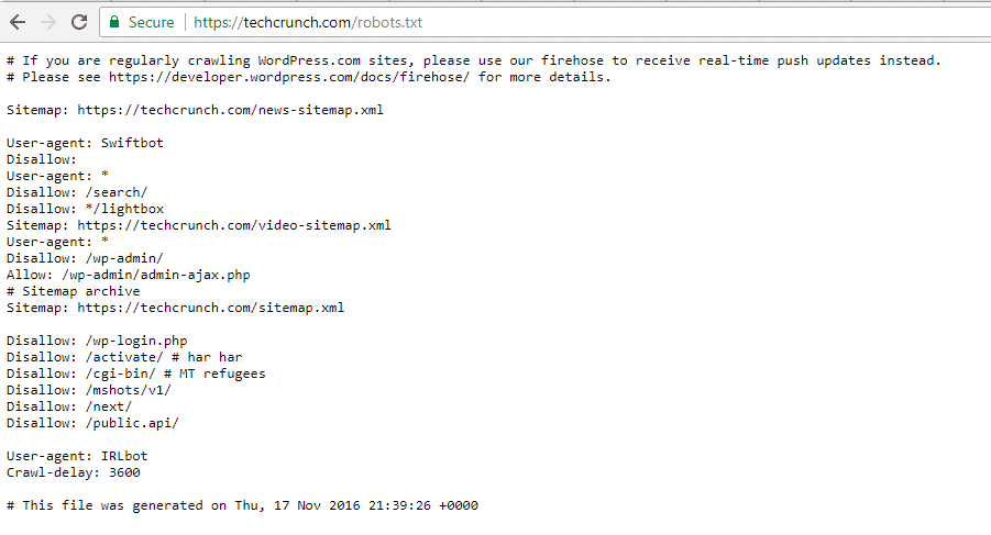 Arquivo Robots.txt da TechCrunch
