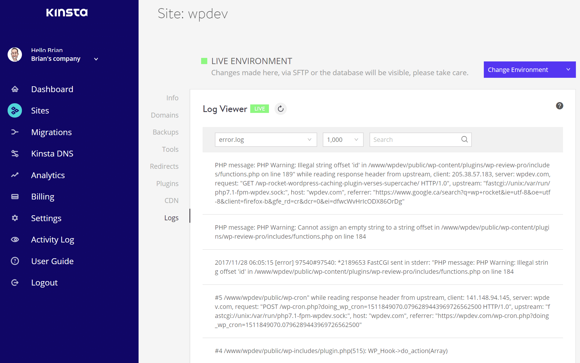 Verificação de registros para o erro interno do servidor 500