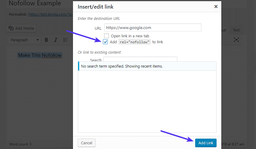 Assinale a nova caixa para adicionar o atributo nofollow