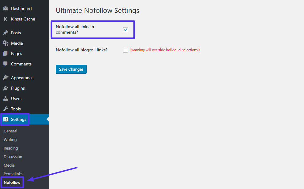 Como ativar a opção para adicionar automaticamente o atributo nofollow aos comentários