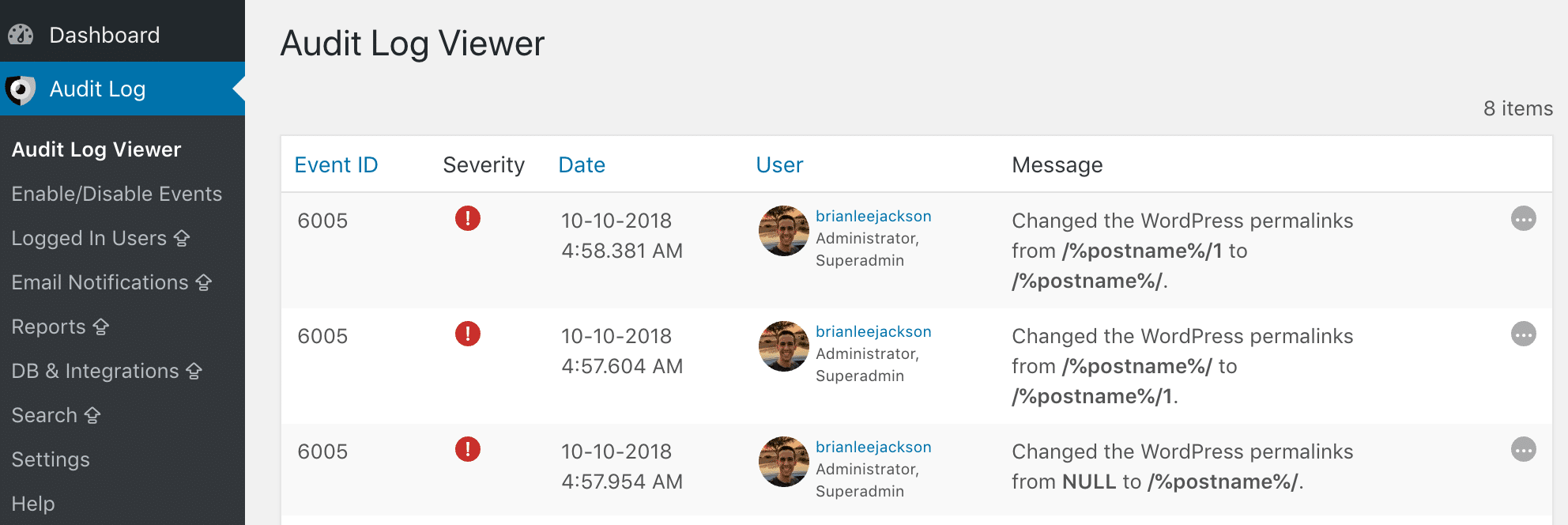 WP Security Audit Log Definições principais do WordPress