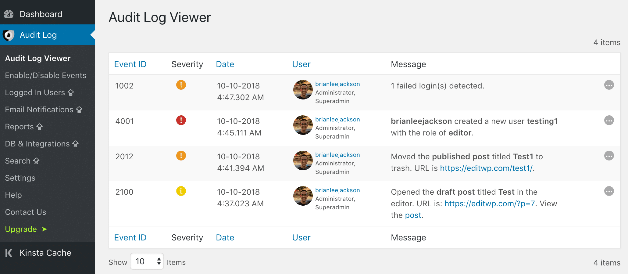 WP Security Audit Log falha login