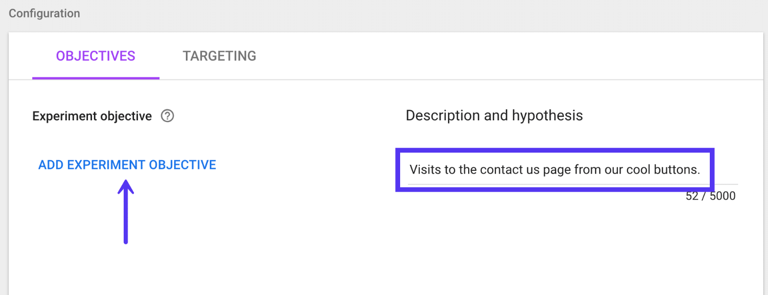 Objetivo do experimento no Google Optimize