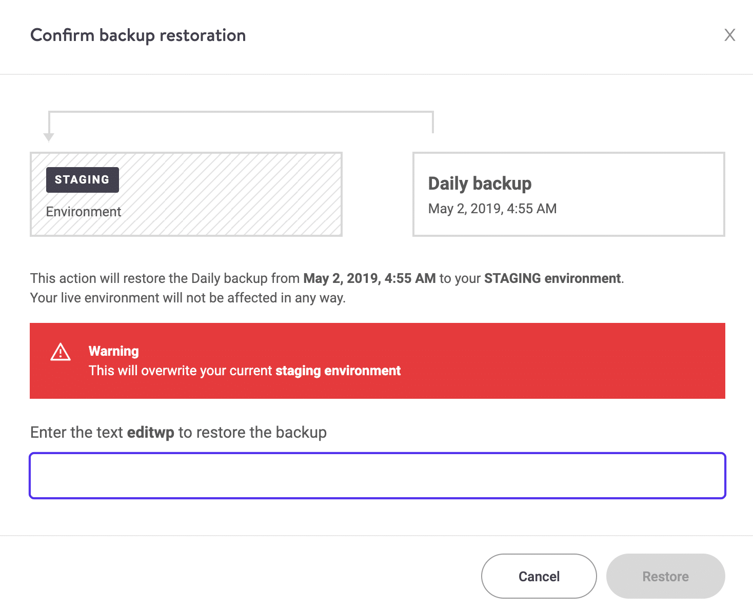 Confirme a restauração de backup do WordPress no ambiente de testes