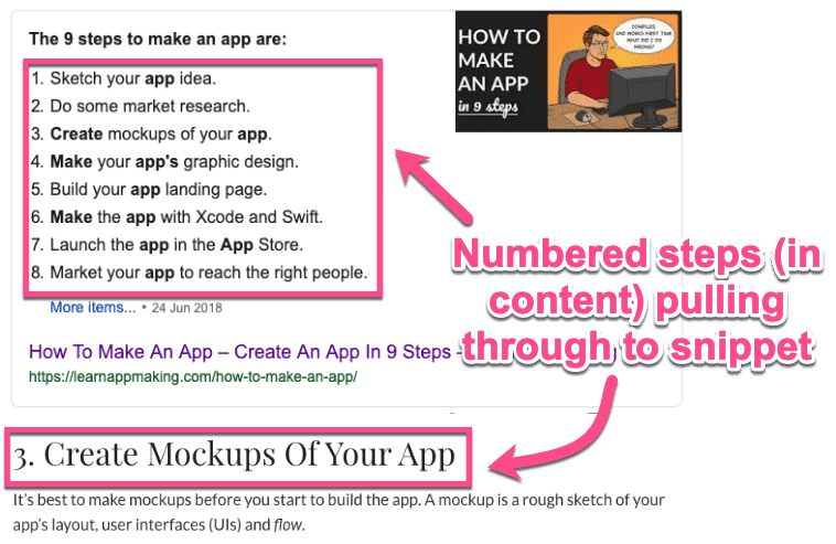 Formatação de snippets em destaque do tipo lista